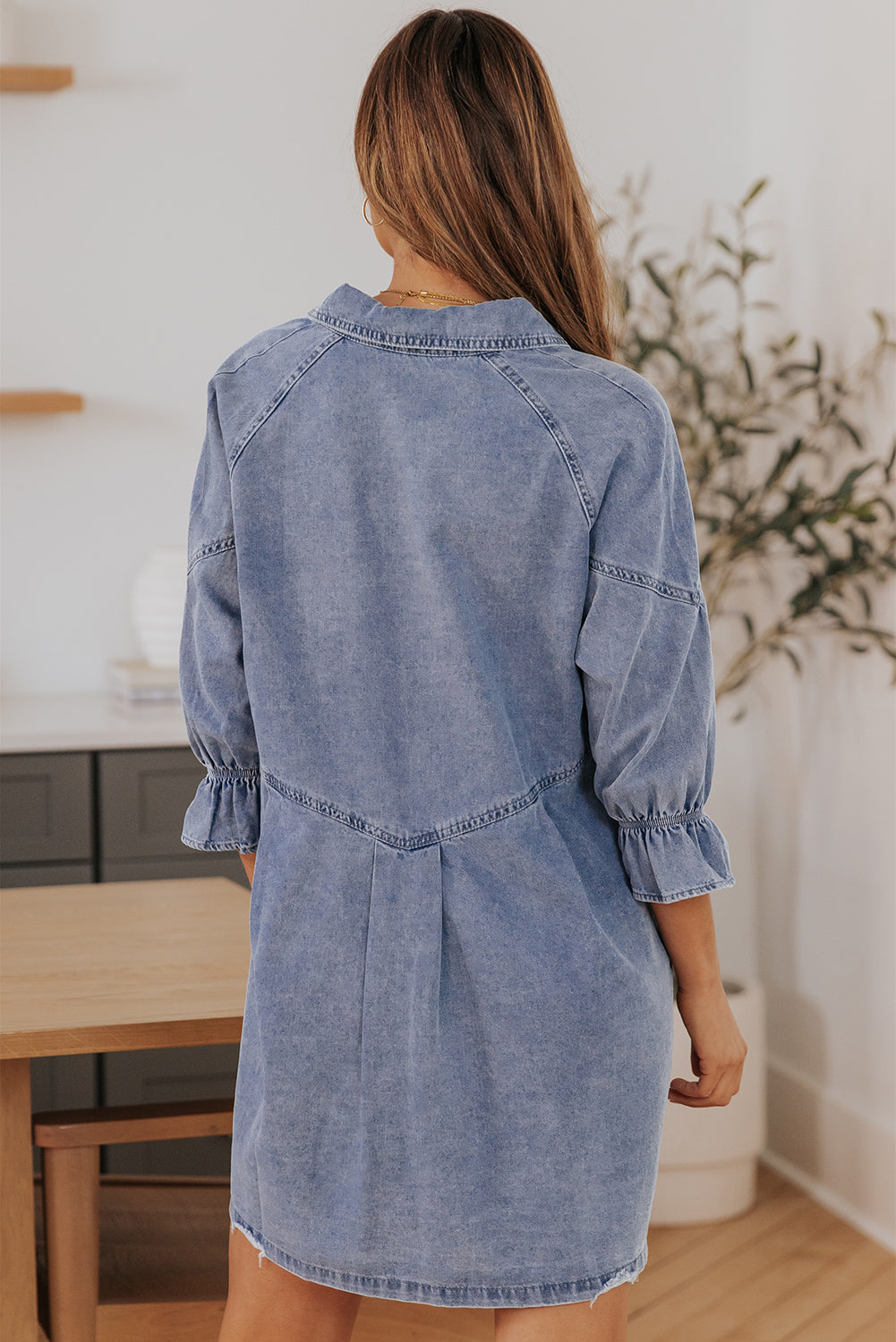 Buttoned Long Sleeve Denim Mini Dress | Sky Blue