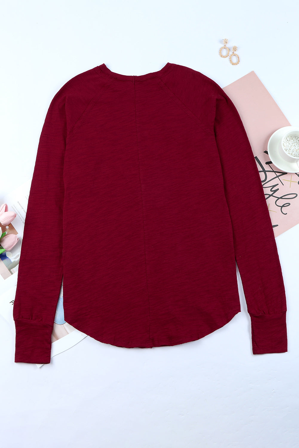 Fiery  Solid Crew Neck Long Sleeve Top | Red