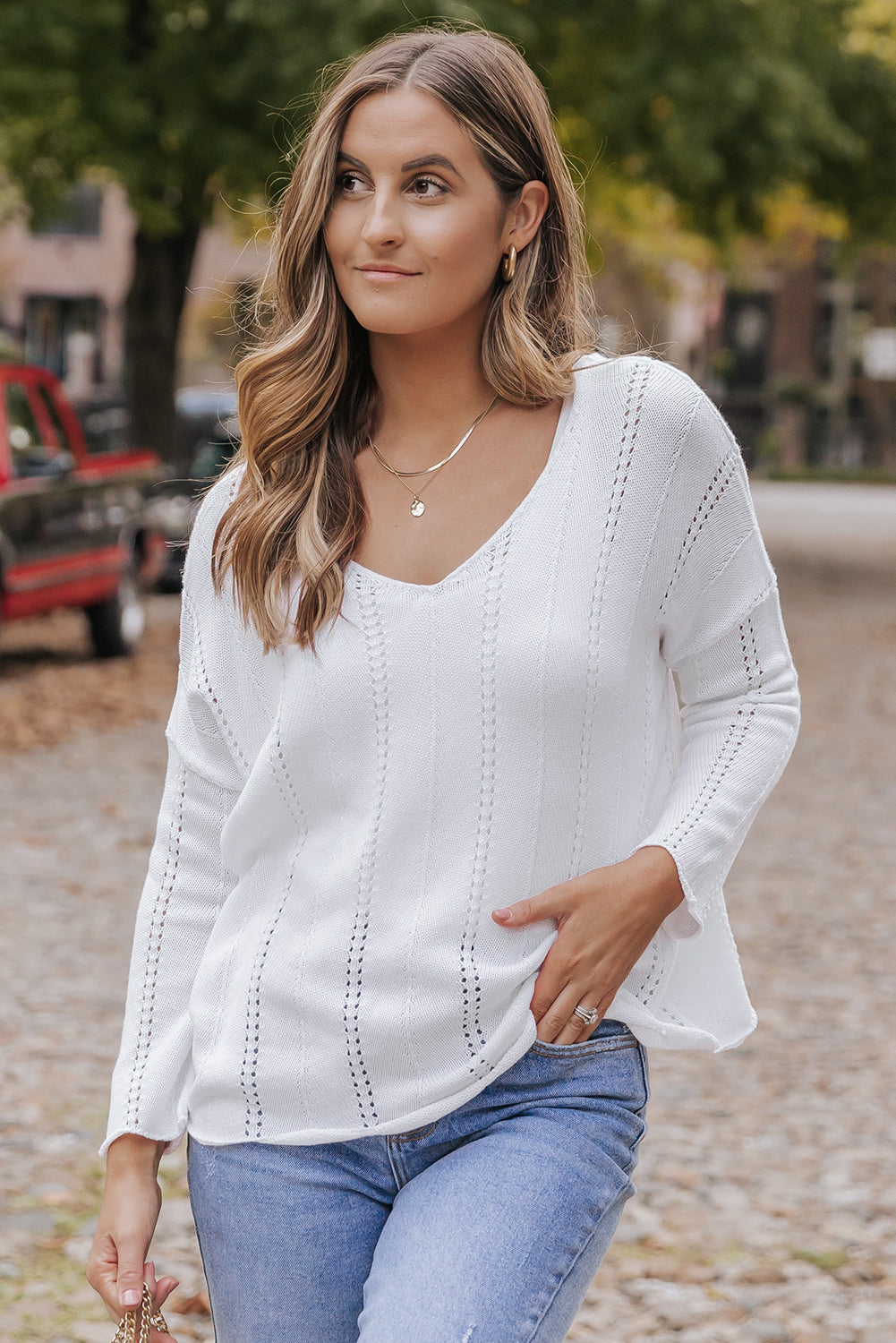 Hollowed Detail Knitted Loose V Neck Sweater | White