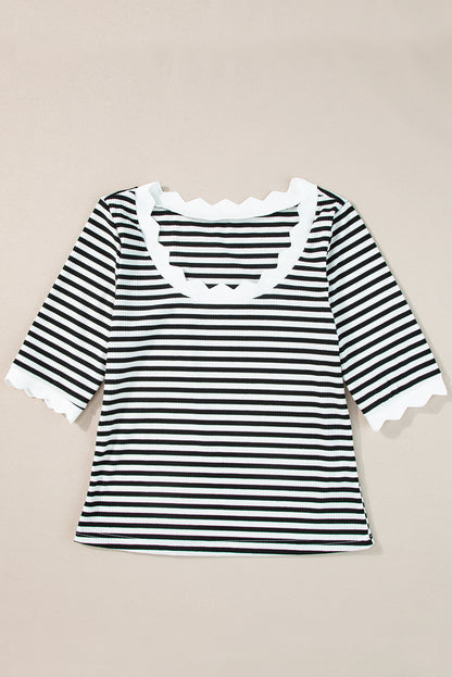 Striped Contrast Scallop Trim Half Sleeve T-Shirt | Black