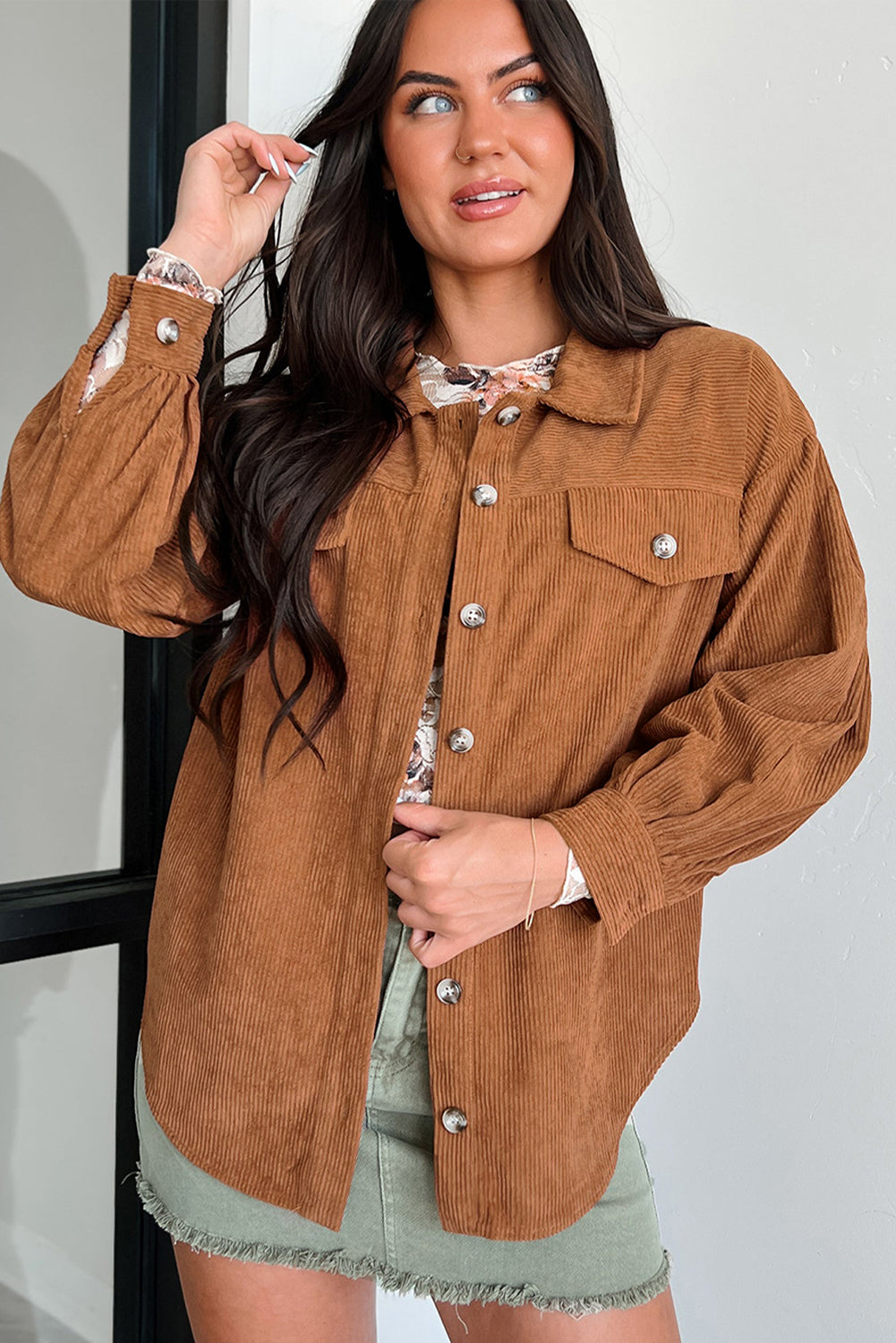 Corduroy Flap Pocket Button Up Round Hem Shacket | Cinnamon