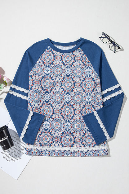 Geometric Printed Lace Patchwork Ric Rac Raglan Long Sleeve Top | Blue