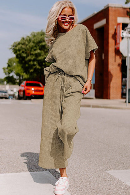 Pale Khaki Textured Loose Fit T Shirt And Drawstring Pants Set | Apricot khaki