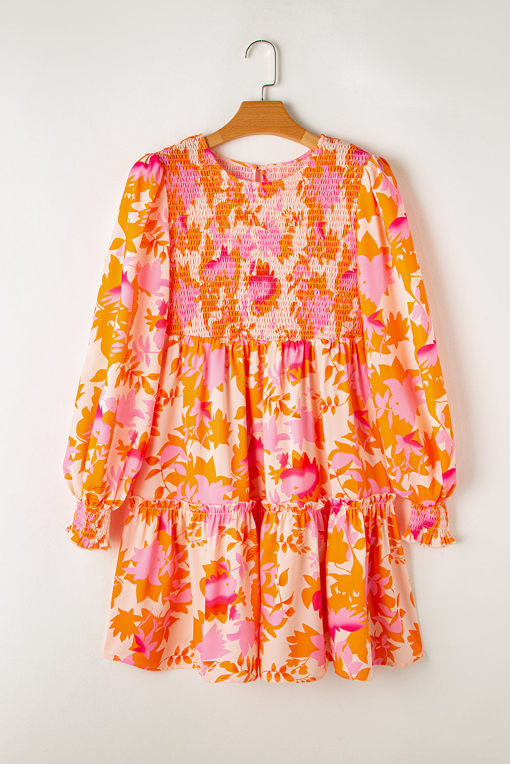 Abstract Print Smocked Lantern Sleeve Ruffle Mini Dress | Orange