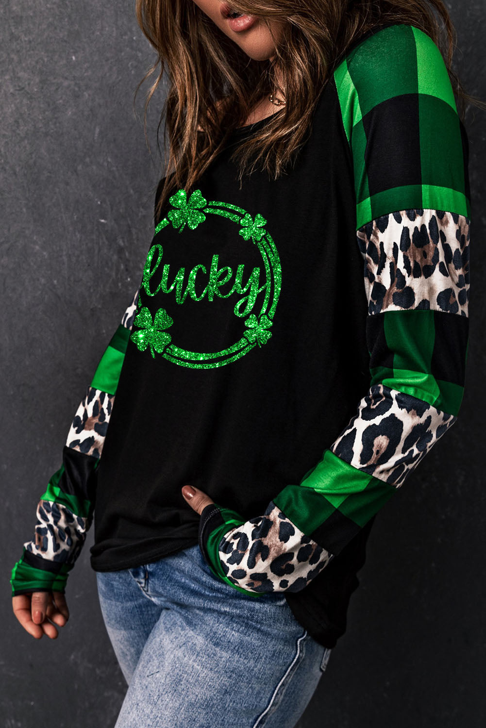 Lucky Clover Graphic Leopard Plaid Long Sleeve Top | Green