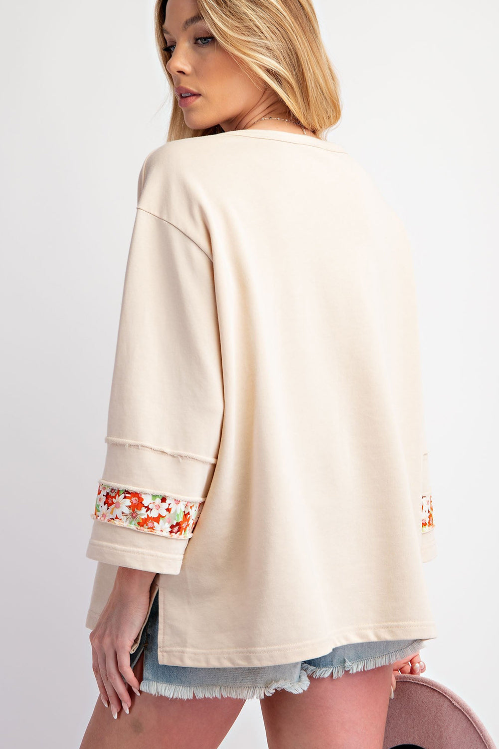 Flower Patch Graphic Exposed Seam Wide Sleeve Top | Beige