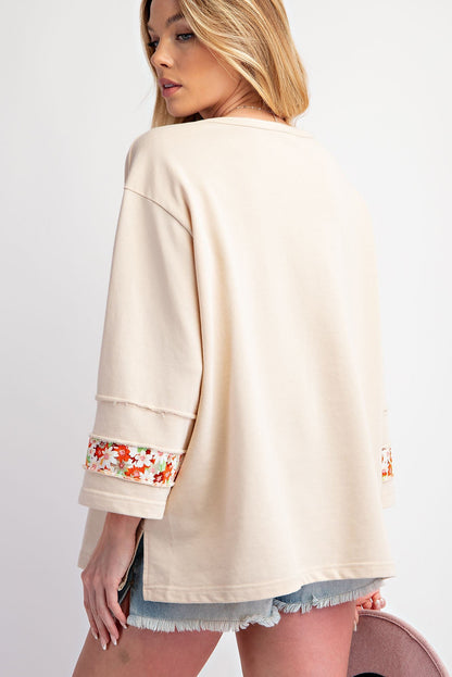 Flower Patch Graphic Exposed Seam Wide Sleeve Top | Beige