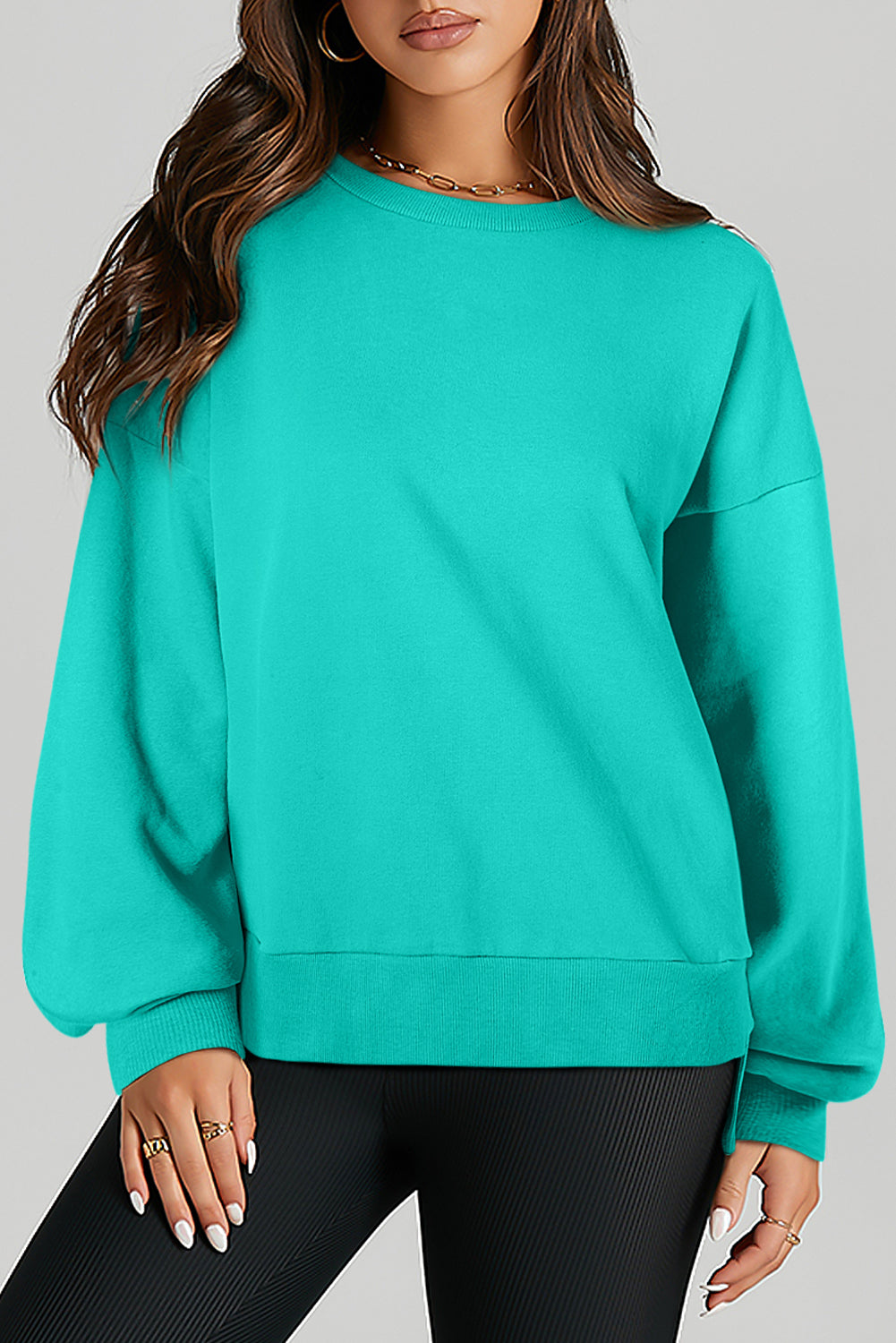 Aruba Blue Solid O Neck High Low Hem Pullover Sweatshirt