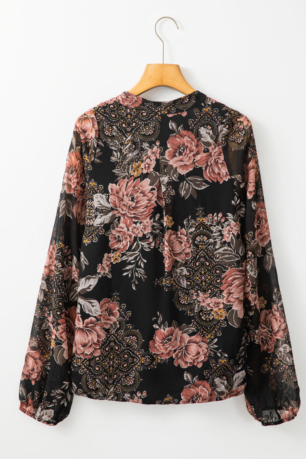 Floral Print Criss Cross V Neck Balloon Sleeve Blouse | Black