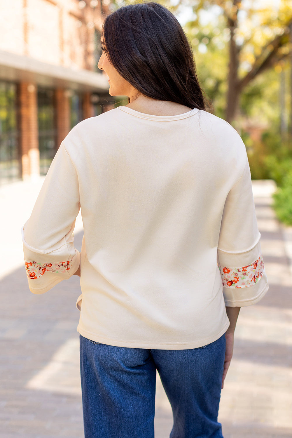 Flower Patch Graphic Exposed Seam Wide Sleeve Top | Beige