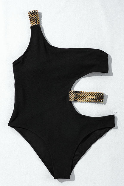 Textured Stitch One Shoulder Cutout One Piece Swimsuit | Black