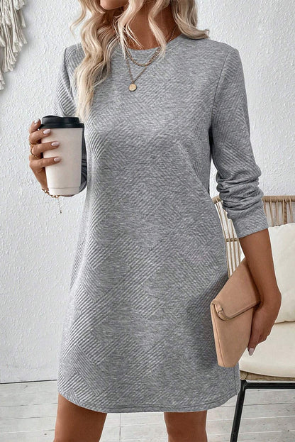 Solid Colour Textured Long Sleeve Shift Dress | Gray