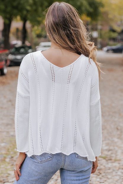 Hollowed Detail Knitted Loose V Neck Sweater | White