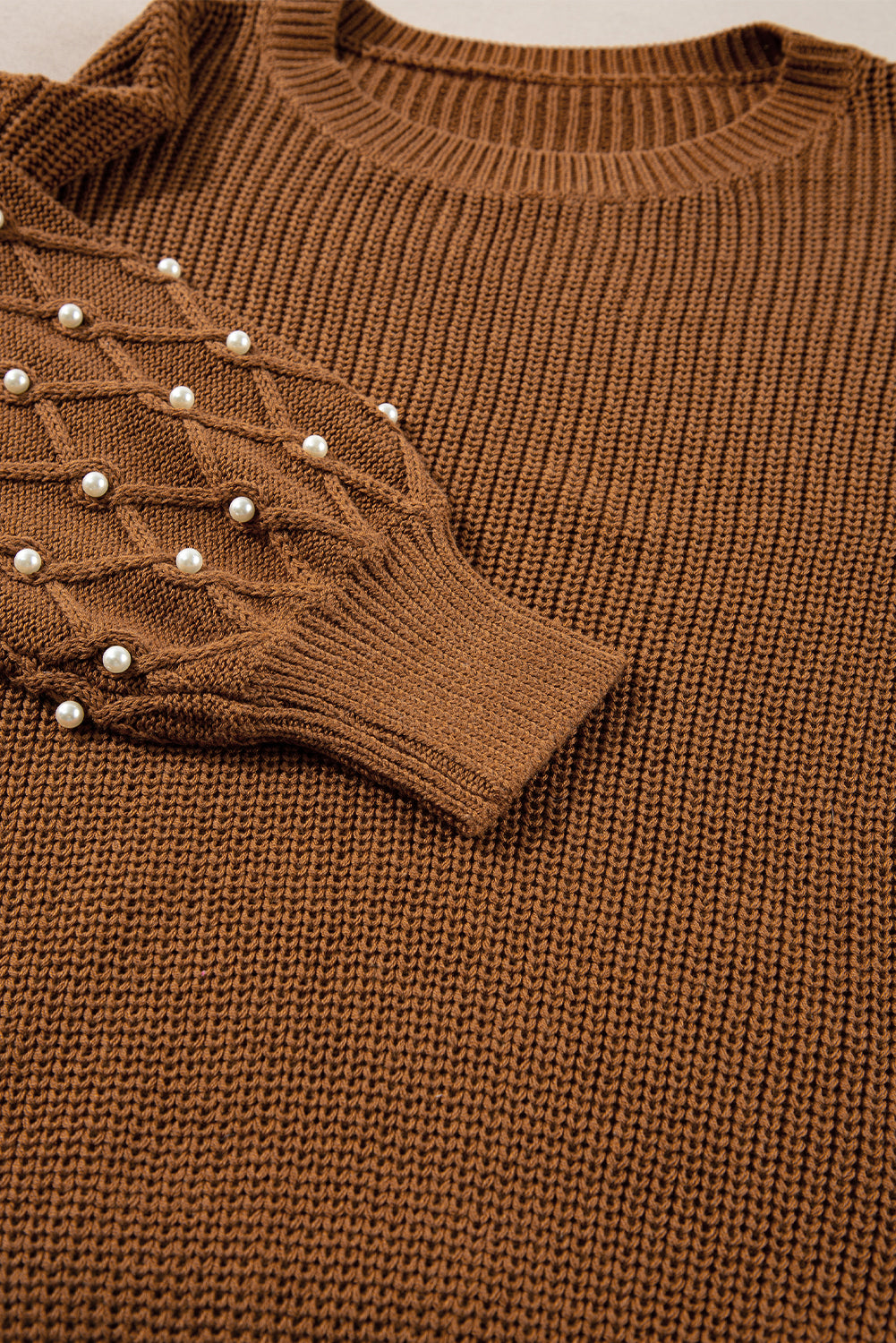 Beaded Drop Shoulder Round Neck Sweater | Chestnut