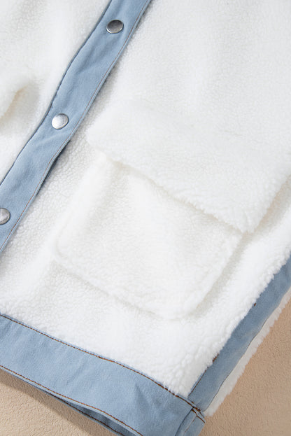 Contrast Trim Buttoned Sherpa Jacket | White