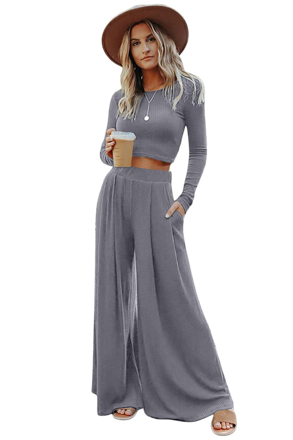 Solid Colour Ribbed Crop Top Long Pants Set | Gray