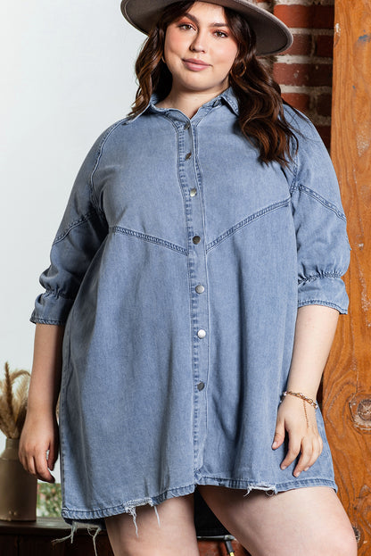 Ruffled 3/4 Sleeve Buttoned Front Plus Size Denim Dress | Light Blue