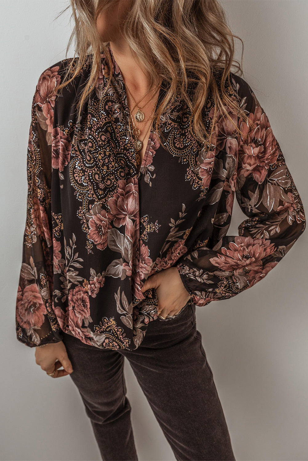 Floral Print Criss Cross V Neck Balloon Sleeve Blouse | Black