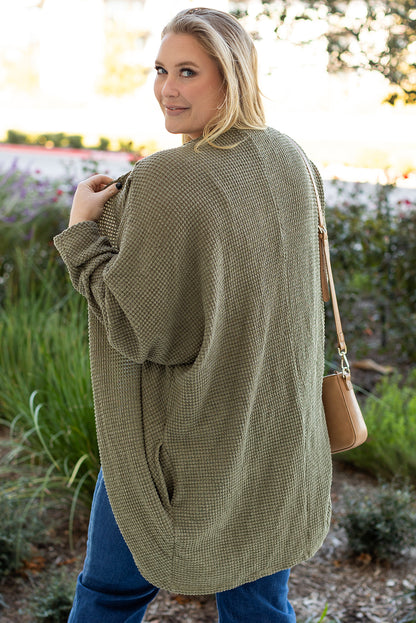 Waffle Knit Drop Shoulder Open Front Pocketed Plus Size Cardigan | Seagrass