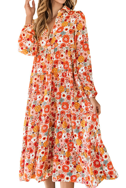 Boho Floral Collared Long Sleeve Ruffled Dress | Multicolour