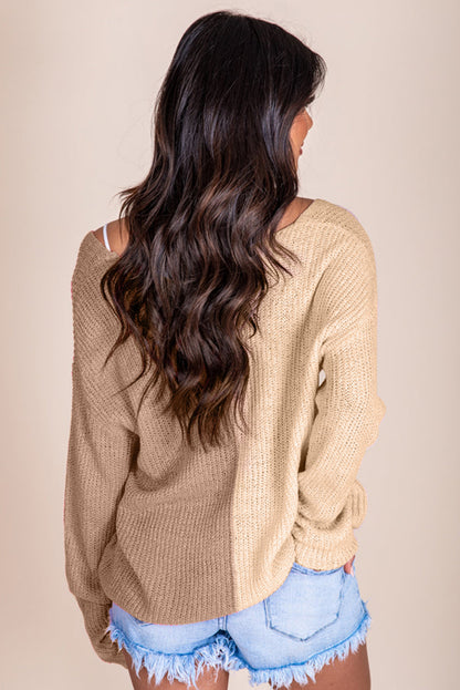 Long Sleeve V-Neck Colourblock Sweater | Khaki