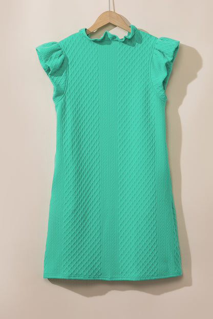 Textured Puff Sleeve Ruffled V Neck Shift Mini Dress | Sea Green