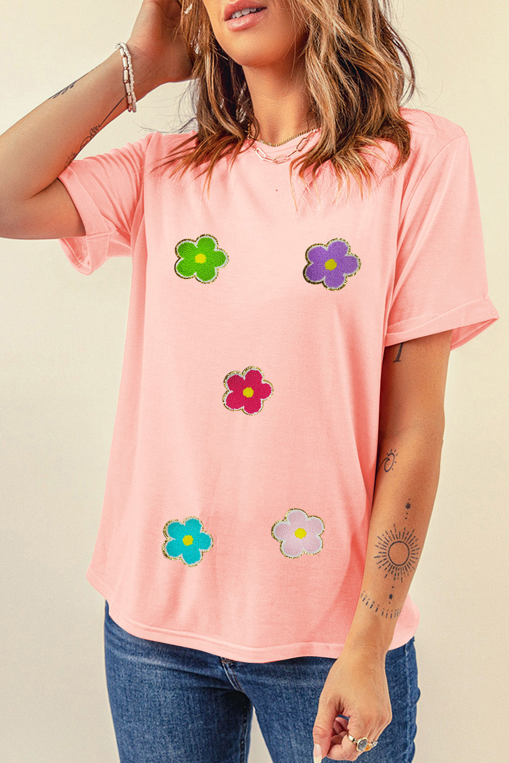 Glittering Chenille Flower Patched Pattern Crewneck T Shirt | Pink