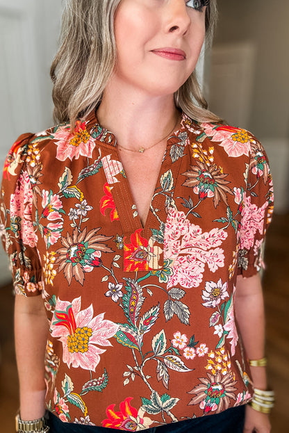 Floral Stitched V Neck Frilled Trim Puff Short Sleeve Blouse | Brown