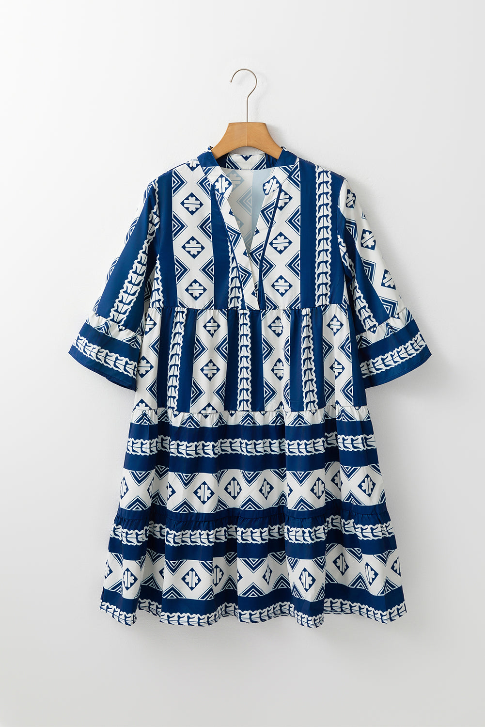 Geometric Print V Neck Ruffled Dress | Blue