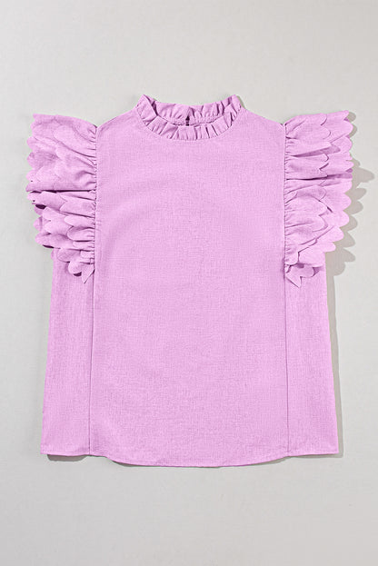 Solid Colour Scalloped Ruffle Sleeve Top | Bright Pink