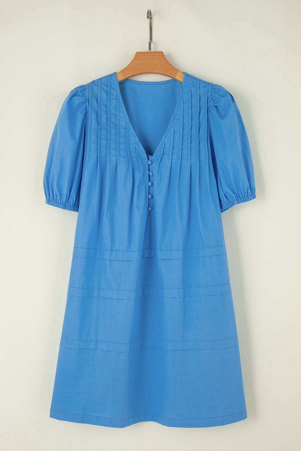 Solid Colour Pleated Puff Short Sleeve Shift Dress | Blue