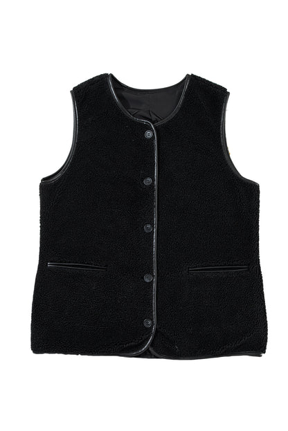 Leather Contrast Side Pockets Buttoned Fleece Vest | Black