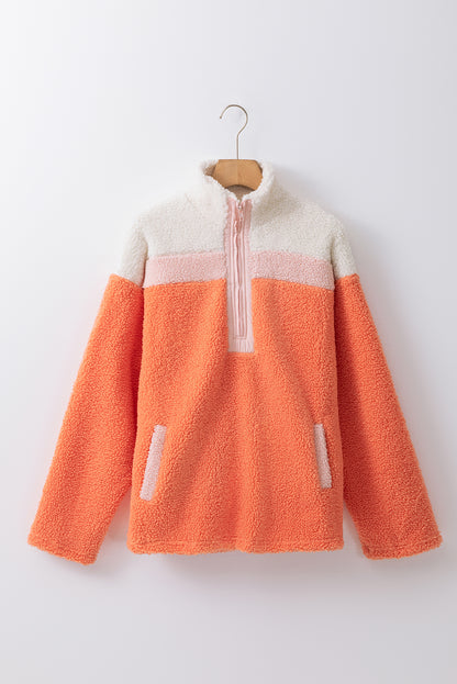 Colourblock Half Zipper Stand Neck Sherpa Sweatshirt | Orange