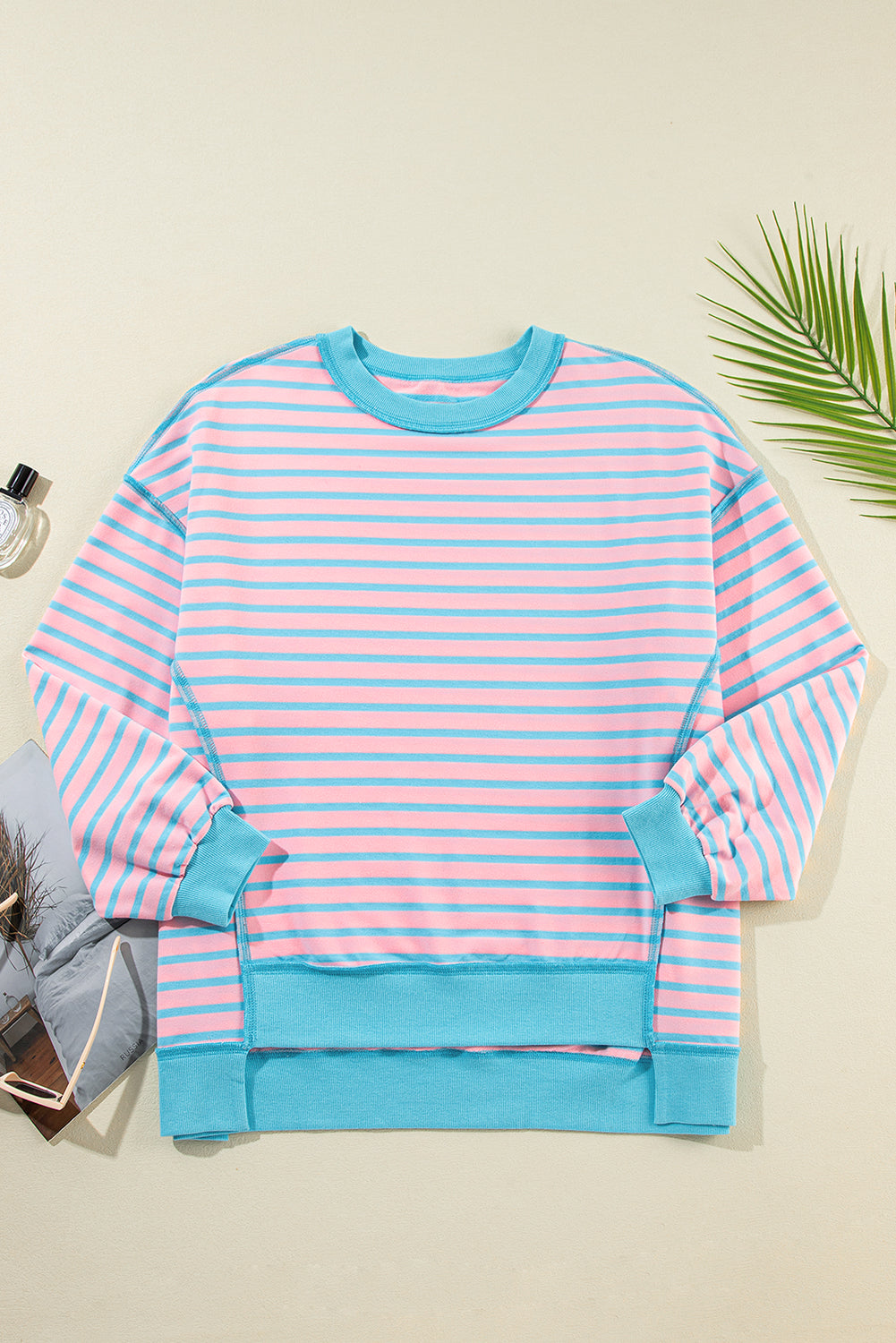 Contrast Trim High Low Pullover Tunic Sweatshirt | Pink Stripe