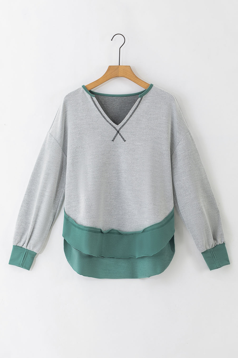 Exposed Seam Contrast Edge Notched Neck Sweatshirt | Laurel Green