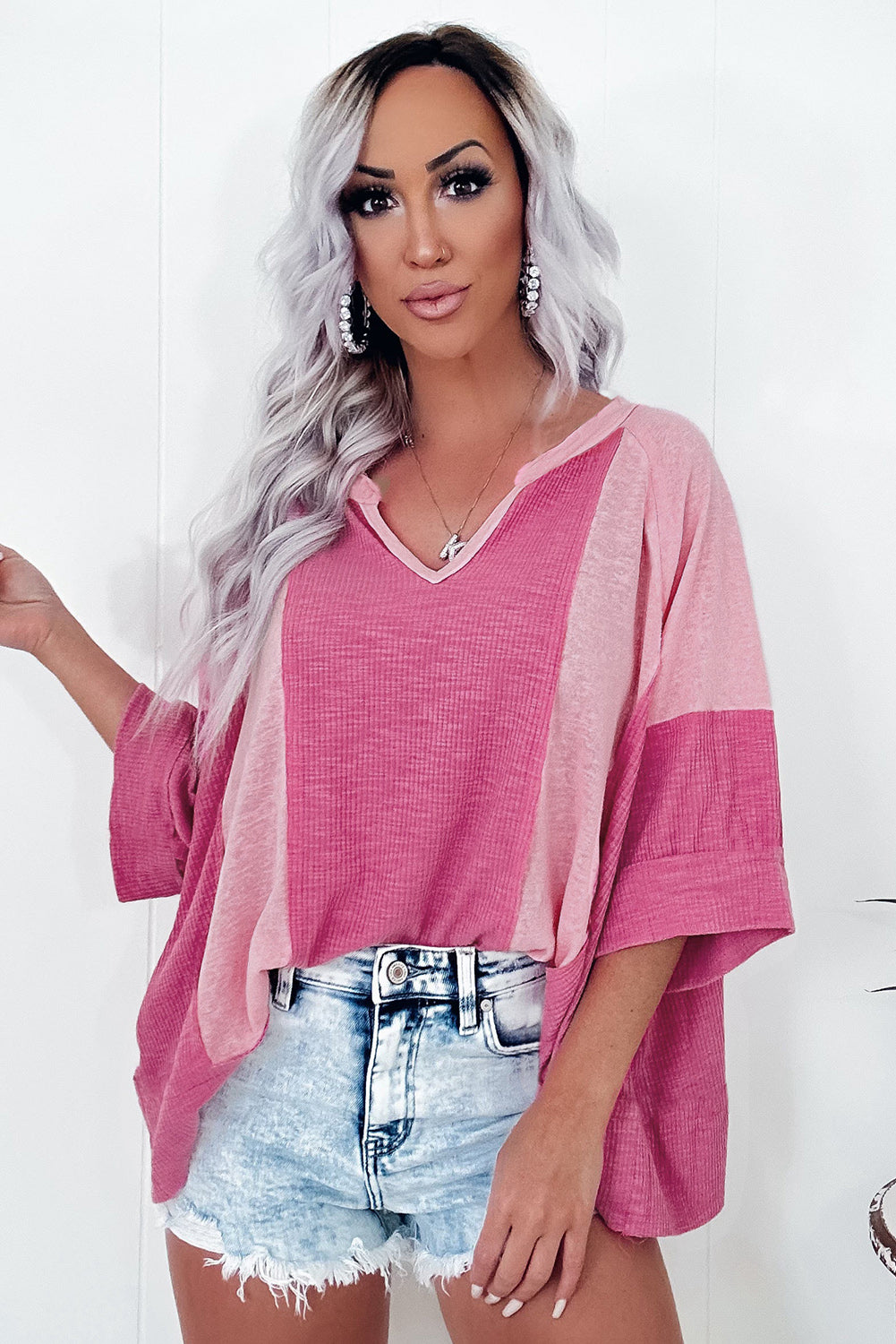 Textured Colourblock 3/4 Sleeve Oversize Top | Bright Pink