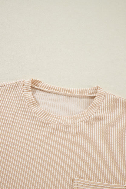 Corded Knit Pocketed Loose Fit T Shirt | Beige