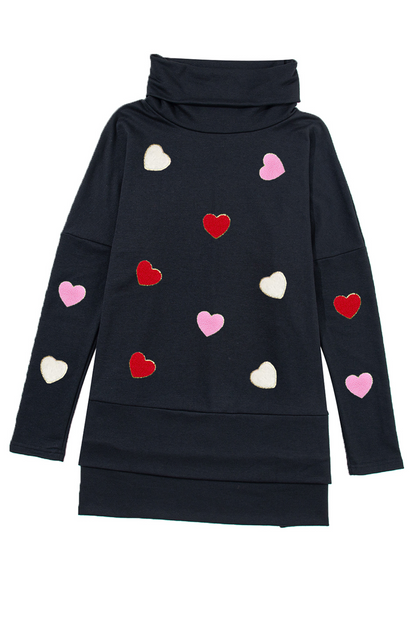 Valentines Chenille Heart Patched Dolman Sleeve High Neck Split Top | Black