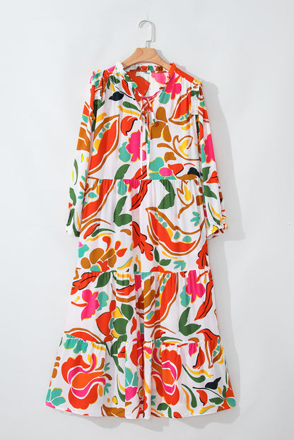 Floral Print Drawstring V Neck Tiered Plus Size Dress | Orange