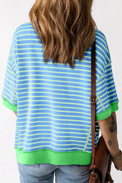 Oversized Contrast Trim Exposed Seam High Low T Shirt | Sky Blue Stripe