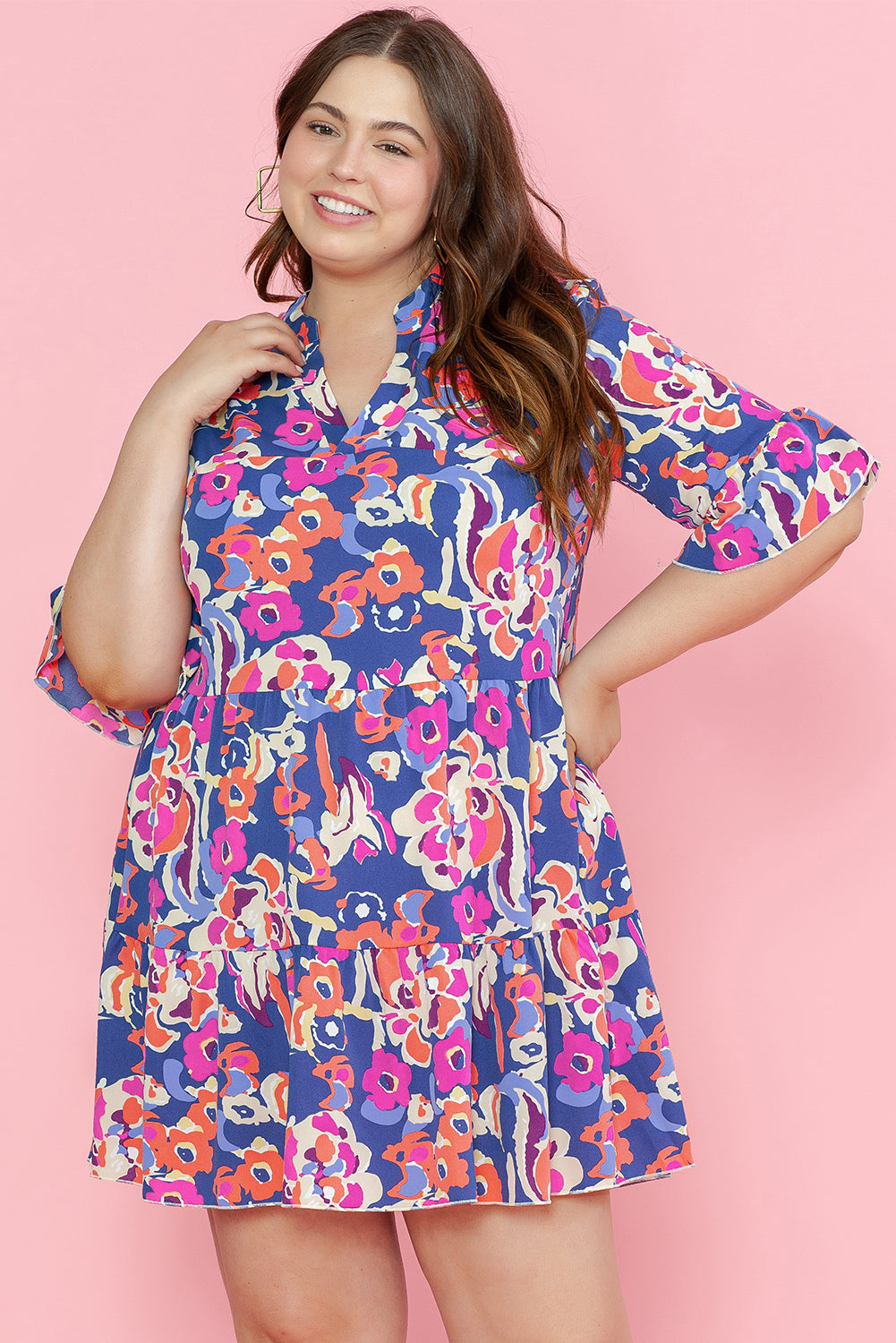 Plus Size Floral Print Ruffled 3/4 Sleeve Mini Dress | Blue