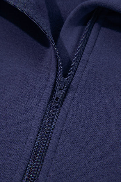 Fleece Lined Zip Up Stand Collar Thumbhole Sleeve Sweatshirt | Navy Blue