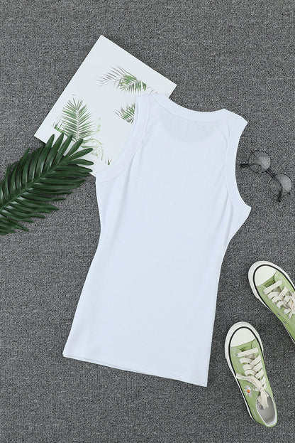 Solid  Round Neck Ribbed Tank Top | White