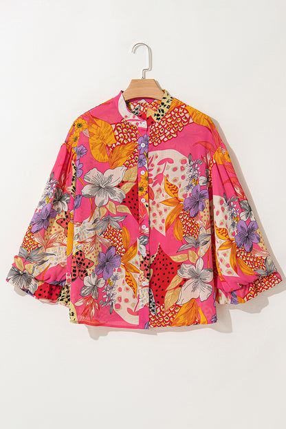 Abstract Floral Print Buttoned Ruffled Bubble Sleeve Shirt | Red