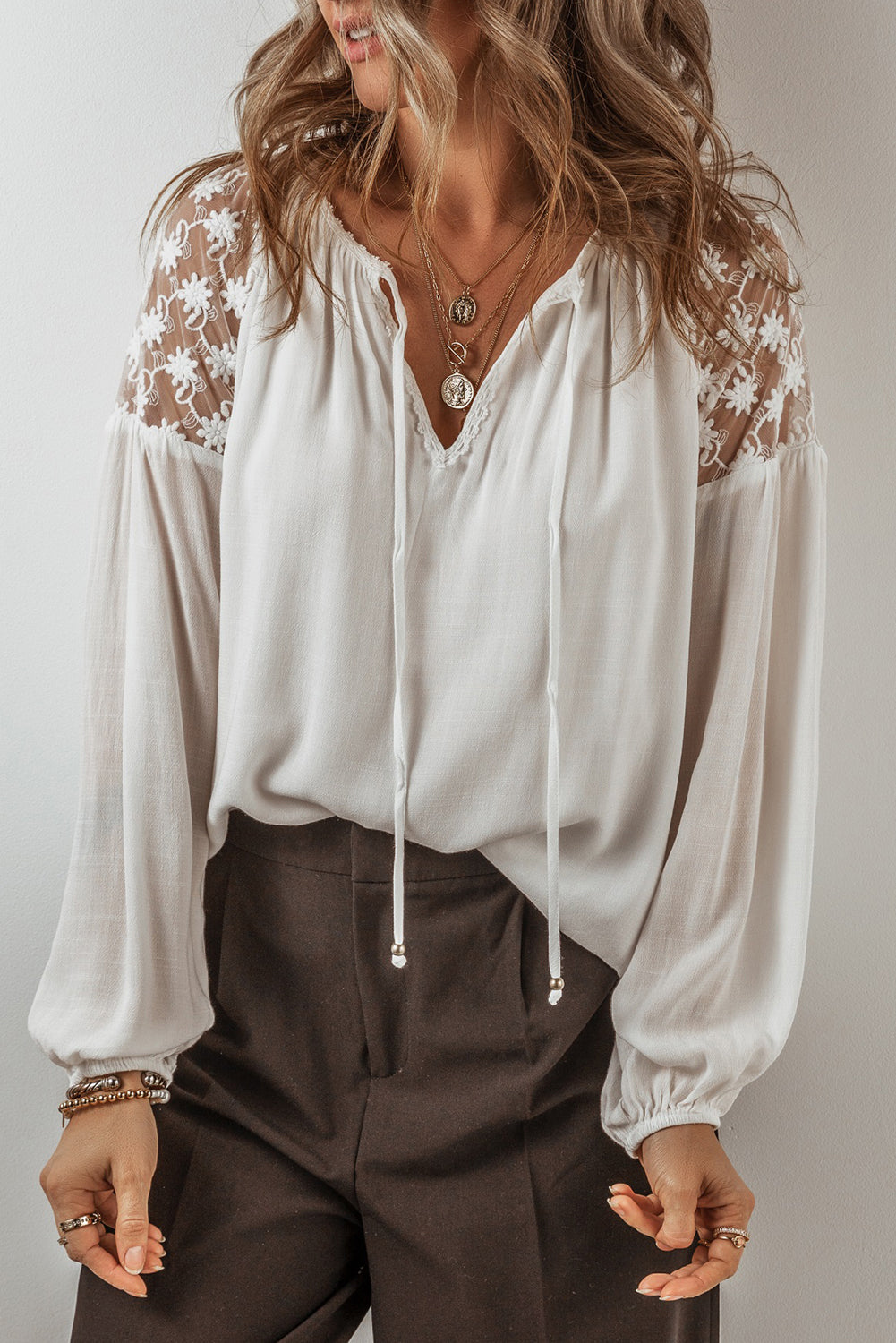 Floral Lace Patchwork Puff Sleeve Tied V Neck Blouse | White