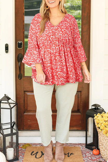 Plus Size Floral V Neck Flared Bracelet Sleeve Blouse | Red