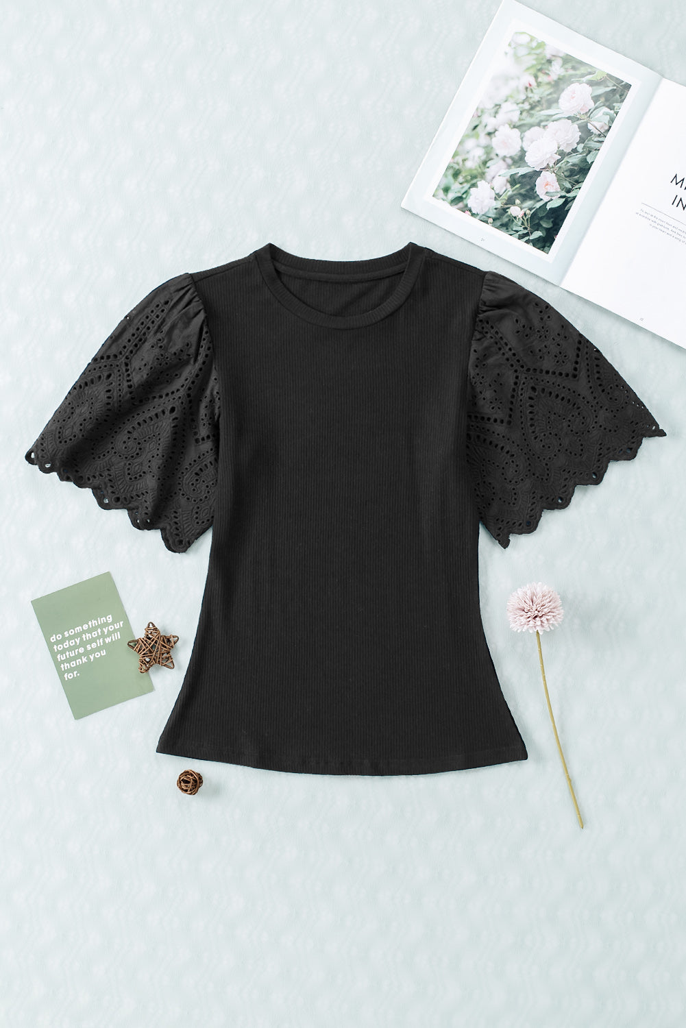 Scalloped Eyelet Sleeve Ribbed Knit Top | Black