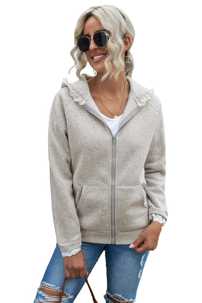 Zip-Up Lace Trim Hooded Coat | Gray