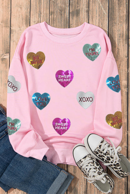 Sequin Romantic Letters Heart Graphic Valentines Sweatshirt | Pink