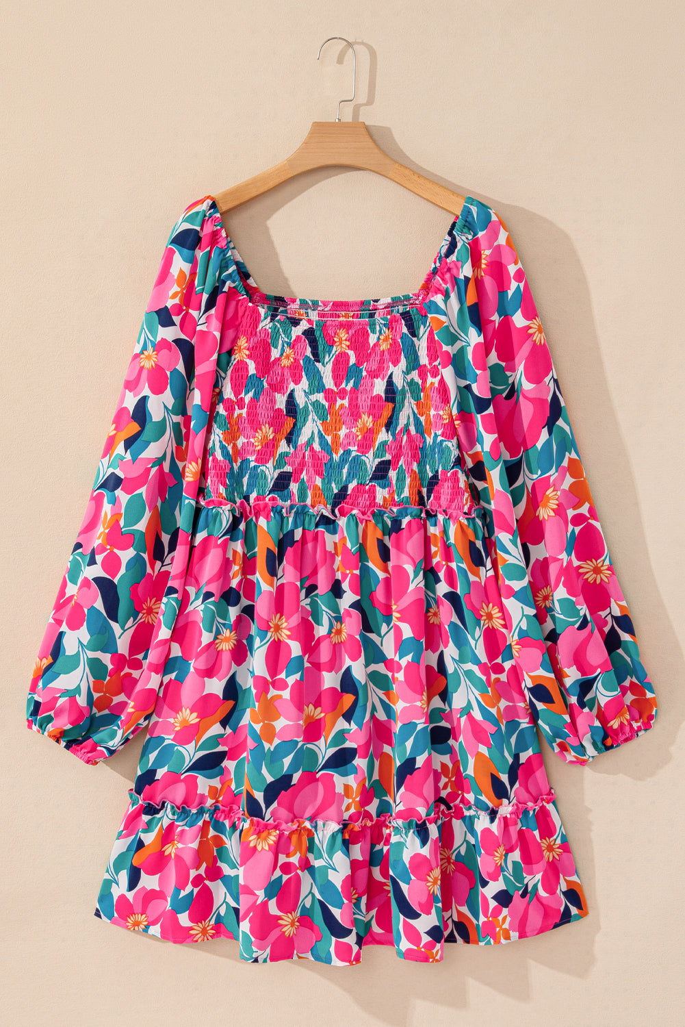 Flower Print Smocked Square Neck Plus Size Dress | Rose